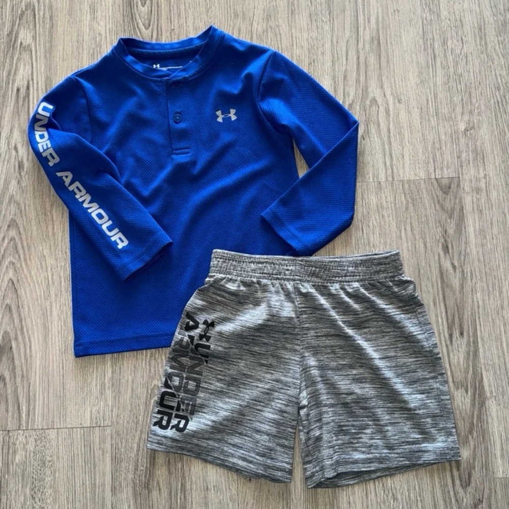Under Armour Royal Blue Button Neck Long Sleeve Top & UA Grey Shorts Both Sz.3T